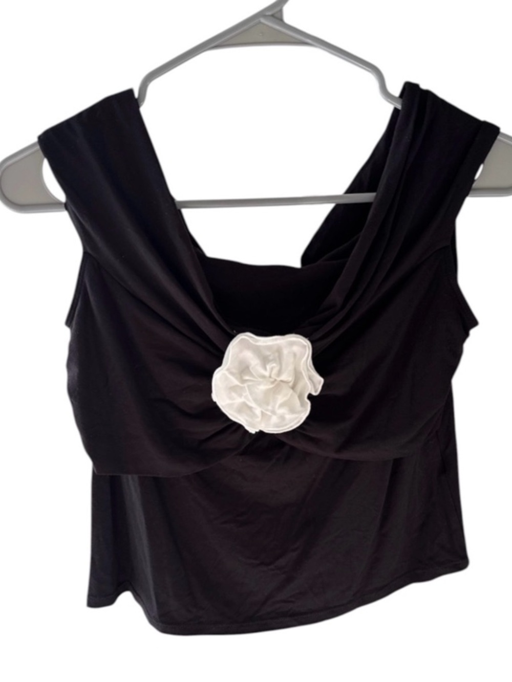 Bailey 44 Black Off the Shoulder Top with Ruched Design and White Flower Small